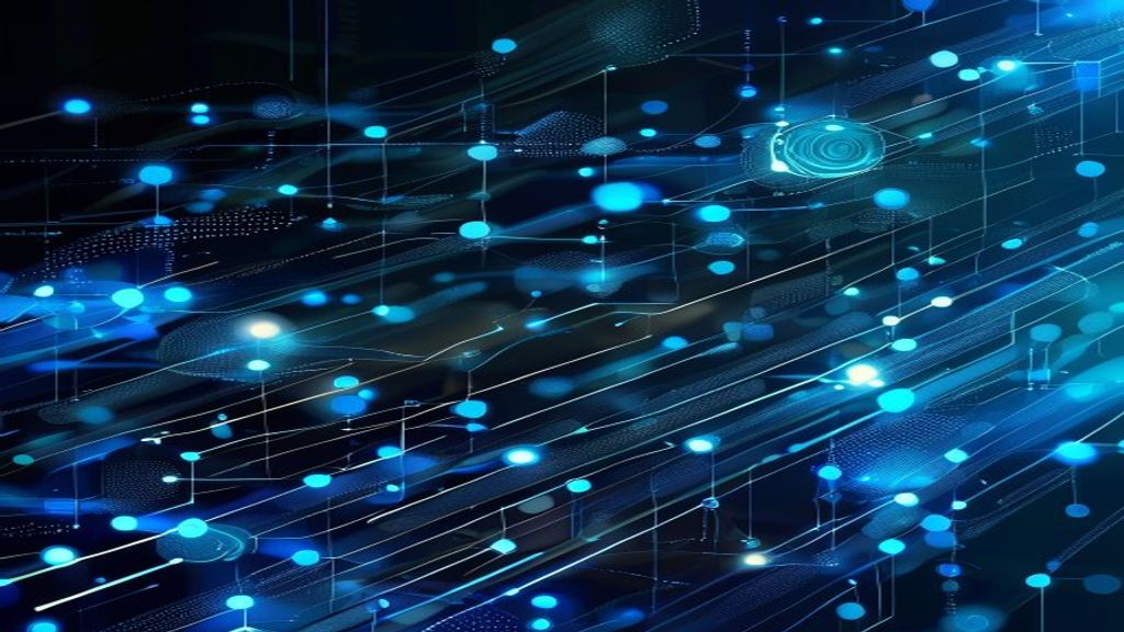 abstract illustration representing Python asyncio and aiohttp powering fintech systems, glowing network nodes, speed lines, bold blue and cyan, dark tech background, no text